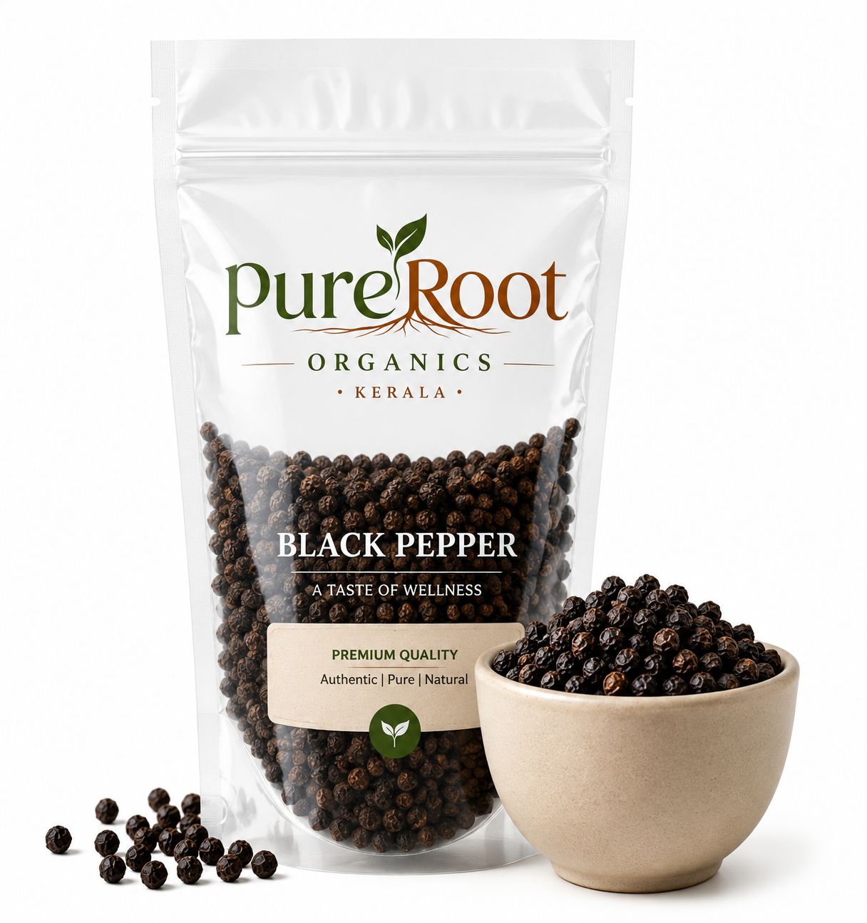 PureRoot Organics Premium Whole Black Pepper (Kali Mirch) – 100% Natural Kerala Peppercorns | Export Quality